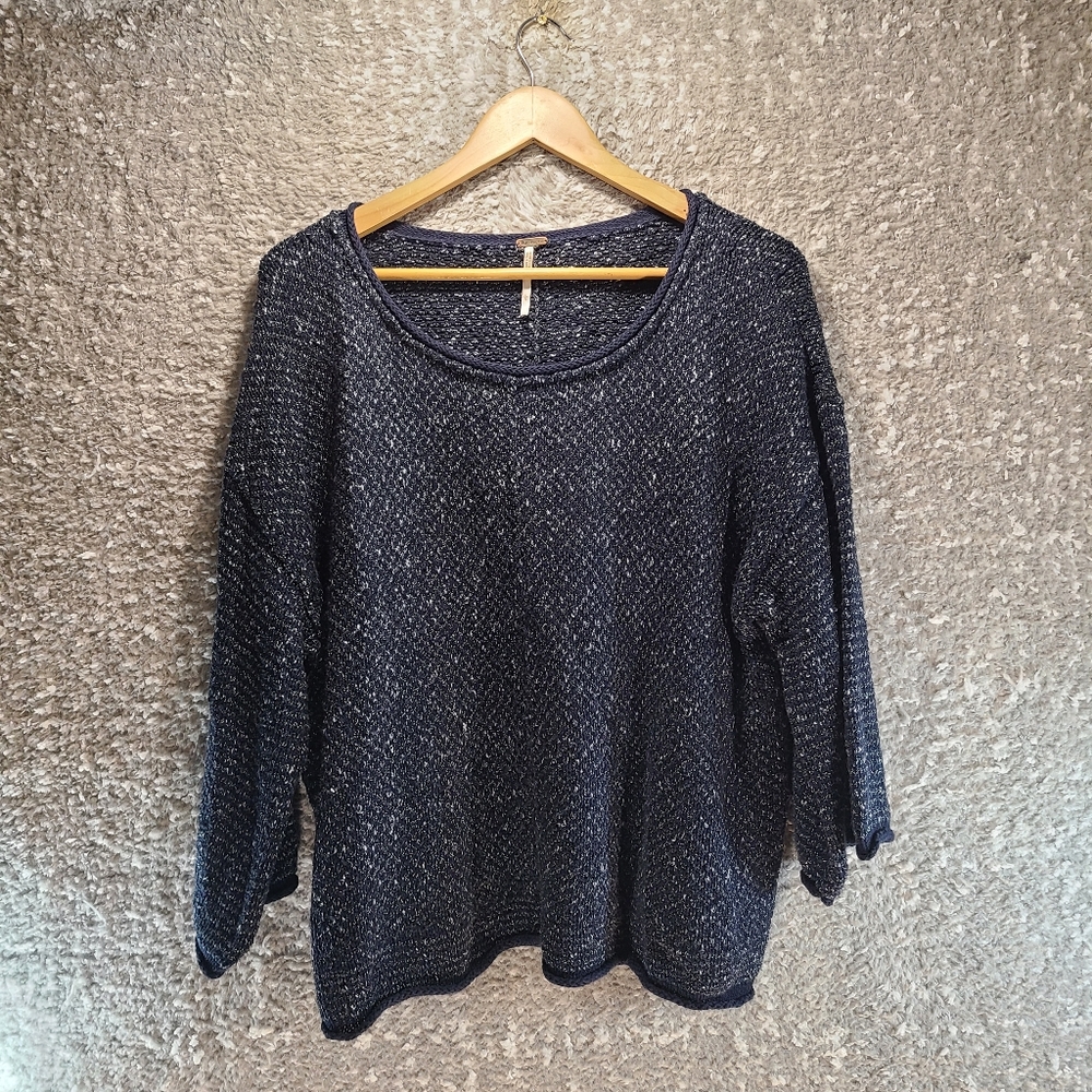 Free People Navy Blue Tweed Boucle Pullover Sweater Boxy Large Acrylic Cotton